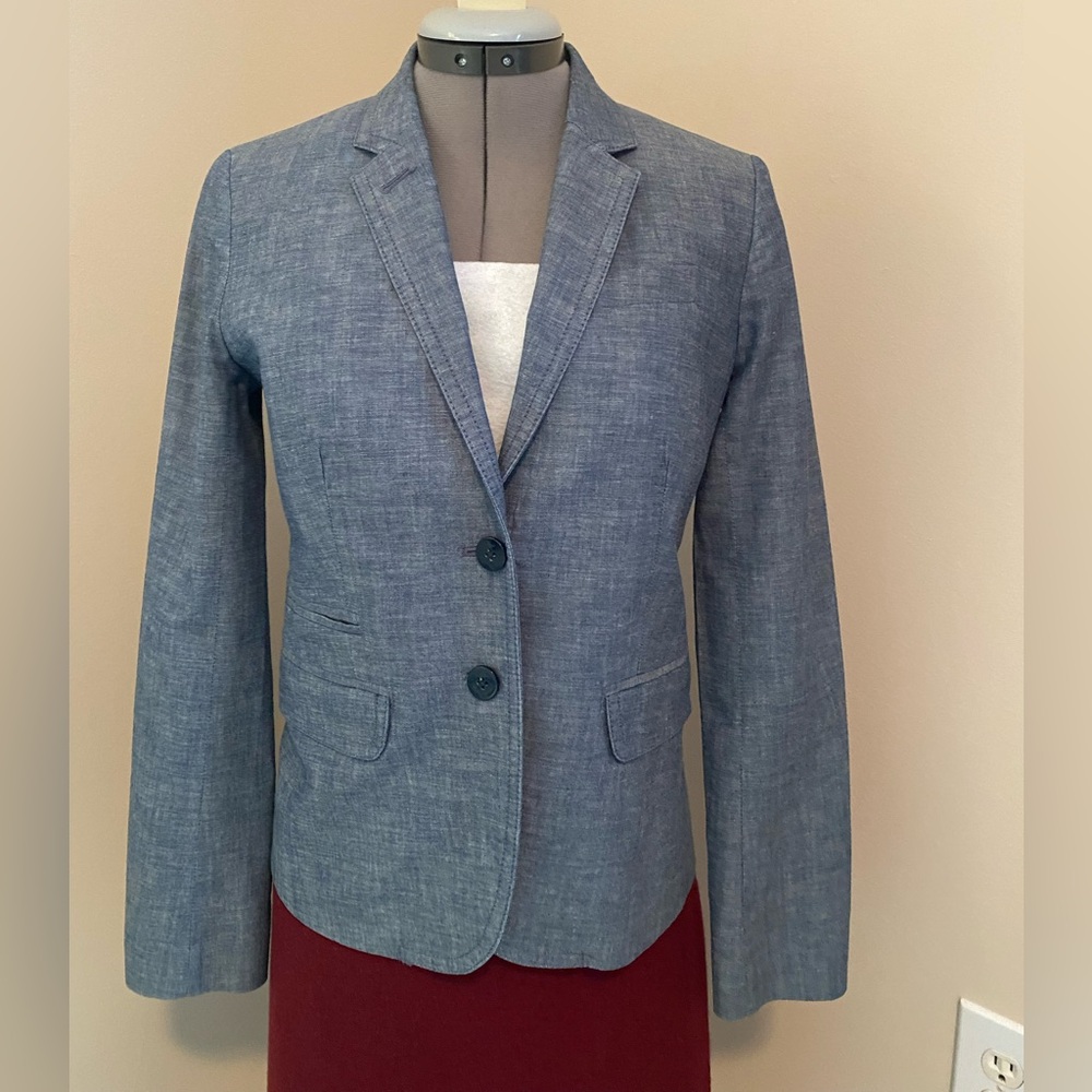 J. Crew chambray blue cotton blazer. Size 0